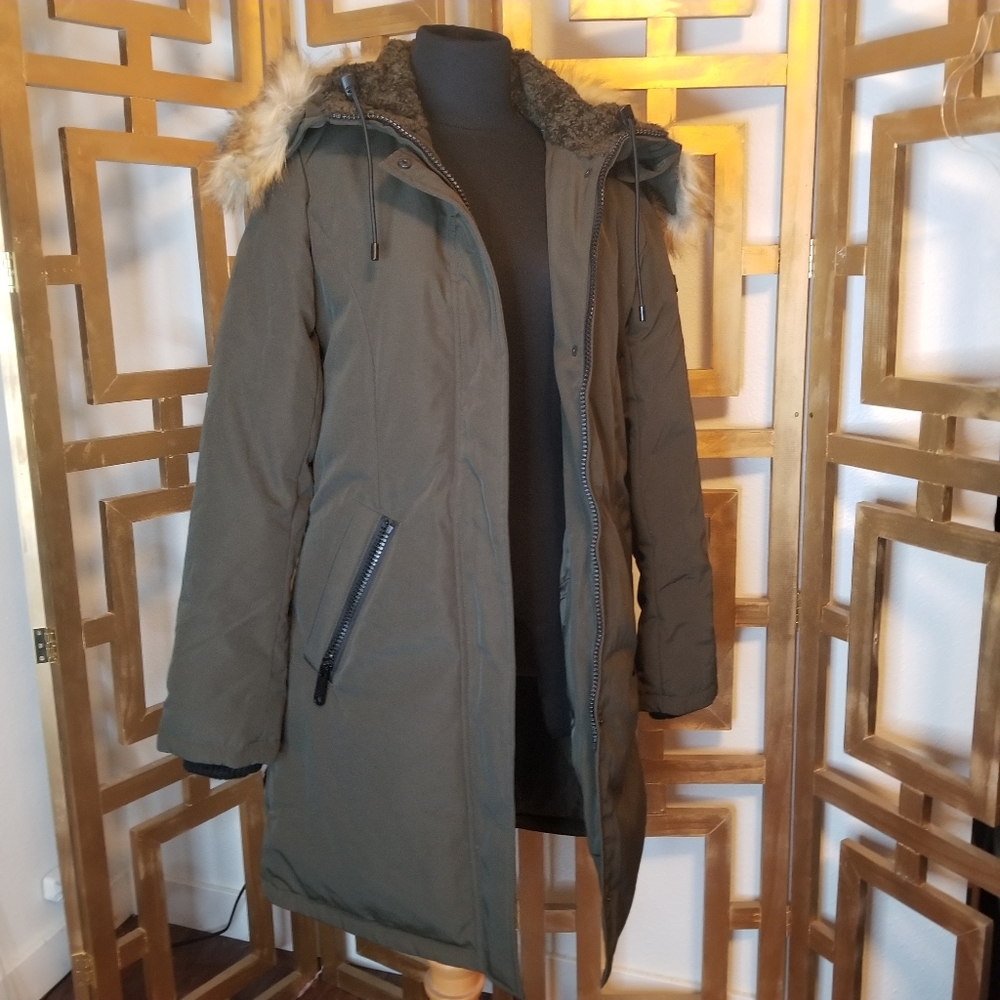 NWT Sam Edelman Green Coat Parka Faux Fur Hood Women XS